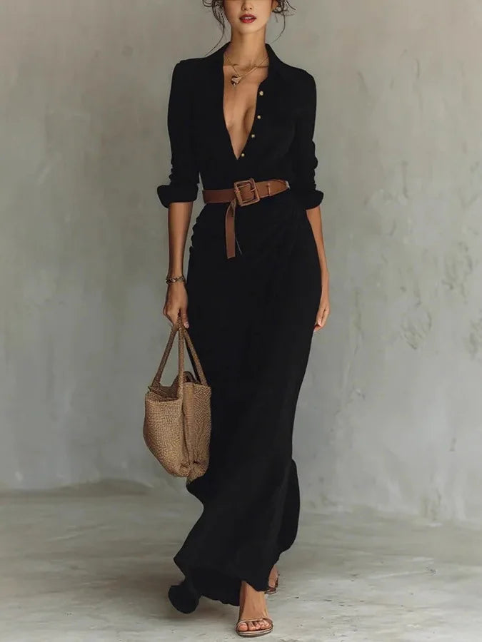 New Autumn Fashion Sexy Long Sleeve V-neck Single Breasted Pleated Solid Color Loose Fit Ankle Length Dress With Belt,4 Colors