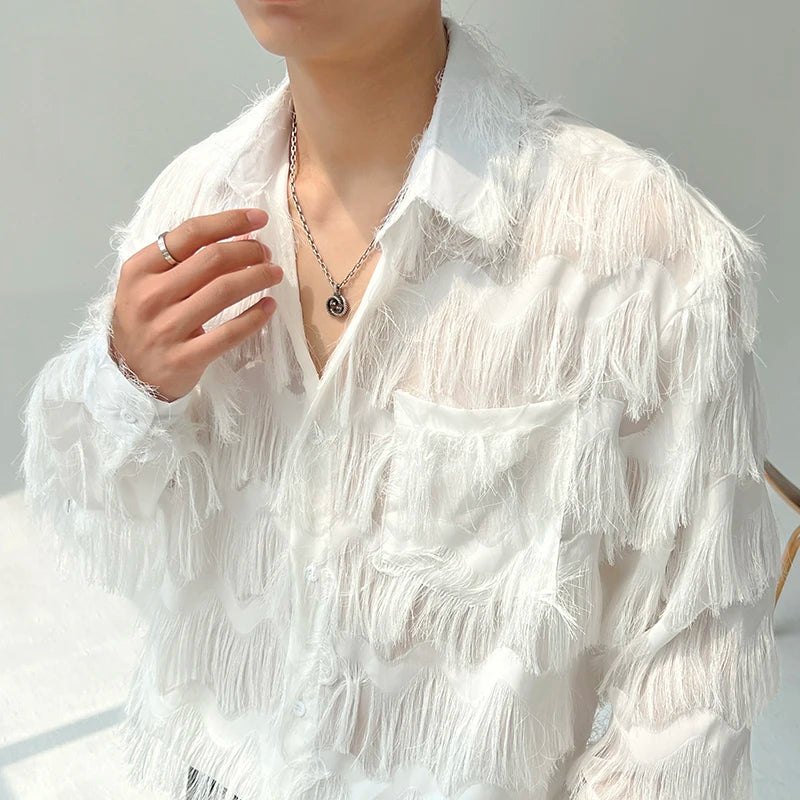2025 Summer Men Black White Streetwear Hip Hop Shirt Men Tassels Party Night Club Men Shirts Male Long Sleeves Hollow Out Blouse