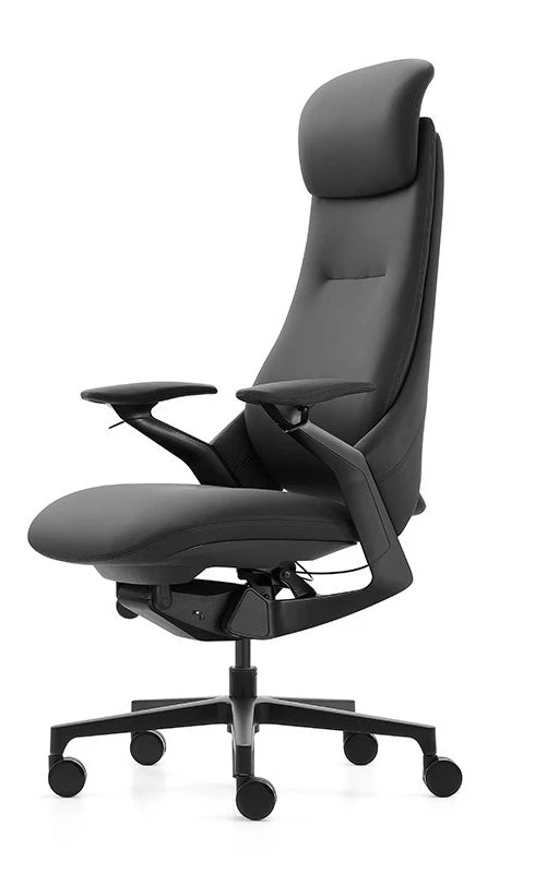 A modern black high-back ergonomic office chair with a headrest, adjustable armrests, and a five-wheel base, shown on a plain white background.