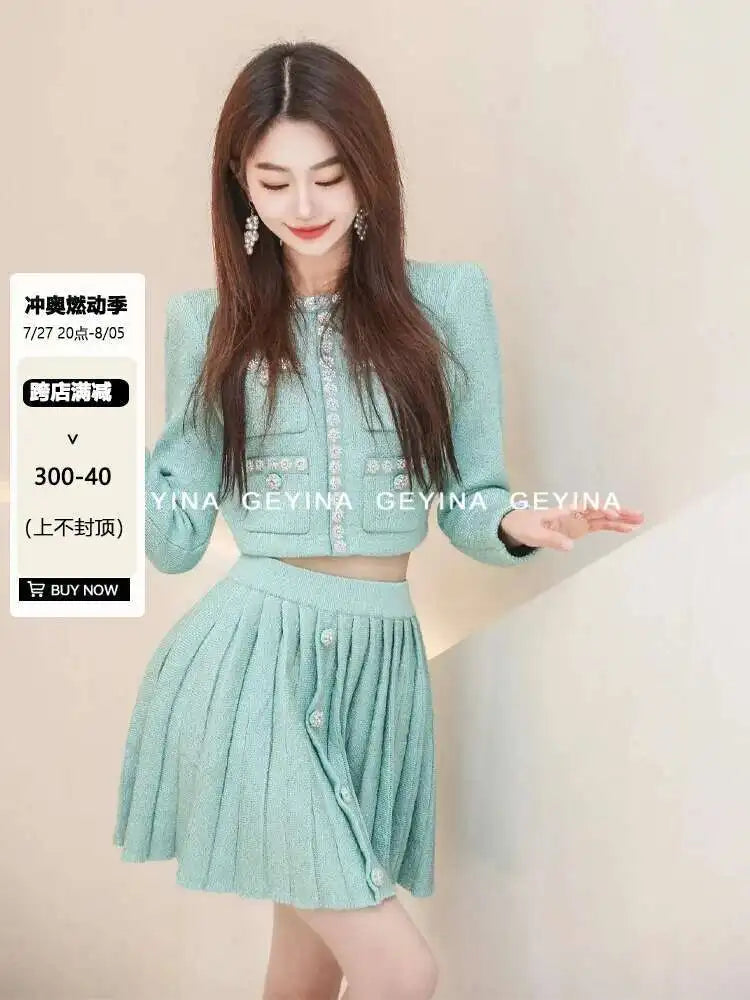 Autumn Winter Knitted Two Piece Women Set Diamonds Beading Jackets Caridgants Short Skirts Suits 2pcs Outfits