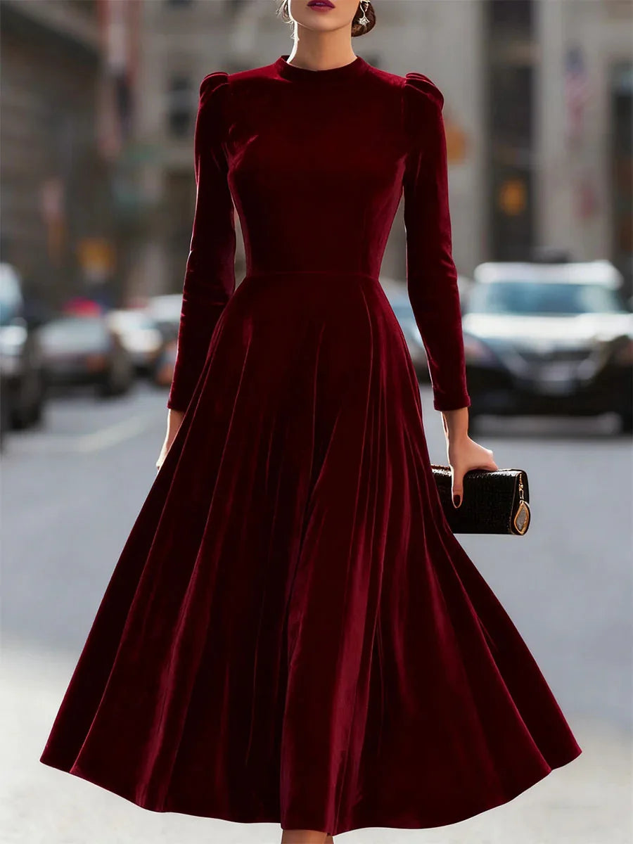 Velvet Dress Long Sleeve Round-Neck Midi — Navy | KIMLUD
