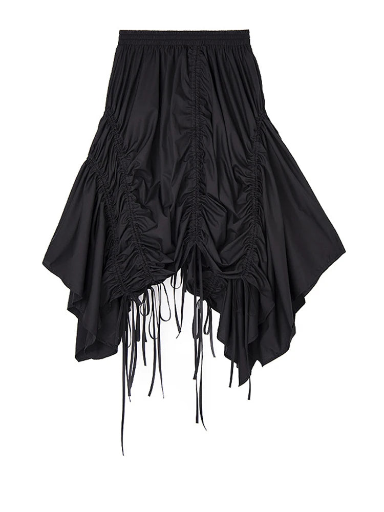 Skirt – Drawstring Waist – Irregular Hem – Cotton – Black | KIMLUD