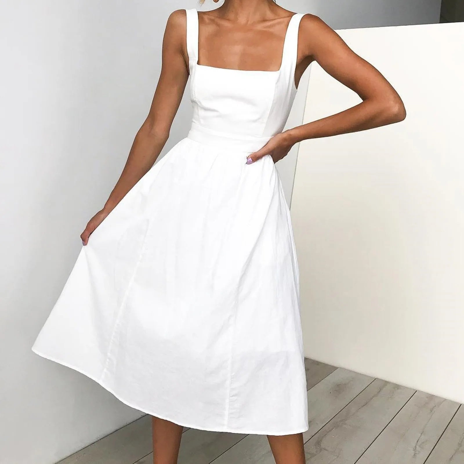 Sexy Square Neck Solid Color Midi Dress Spaghetti Straps Sleeveless Summer Loose Dress Elegant Party Dresses For Women платье