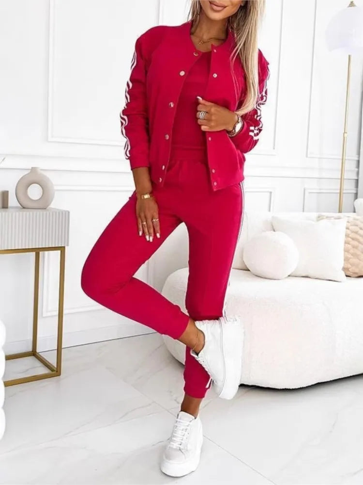 Autumn Three-Piece Set Women's Suit Striped Tape Patch Buttoned Jacket + Tank Top + Pants Sets Lady Sportswear Casual Tracksuits