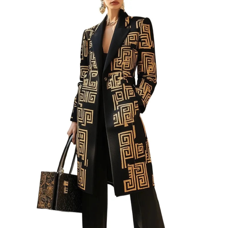 Modigirl 2026 New Spring Women's Vintage Midi Length Coat Urban Trendy Golden Meander Print Long Jackets Pockets female