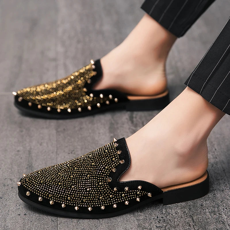 Patent Leather Mules With Gold Rivet Rhinestones And Punk Edge For Nightlife — Black | KIMLUD