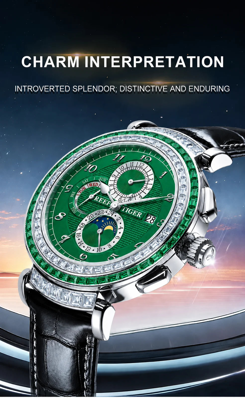 Men's Dress Watch – Moon Phase Date – Leather Strap – Green | KIMLUD