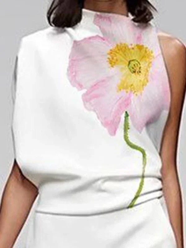 Modigirl Vintage Floral Printed Suits For Women Sleeveless High Neck Vest Tops & High Waisted Loose Straight Female Leg Pants