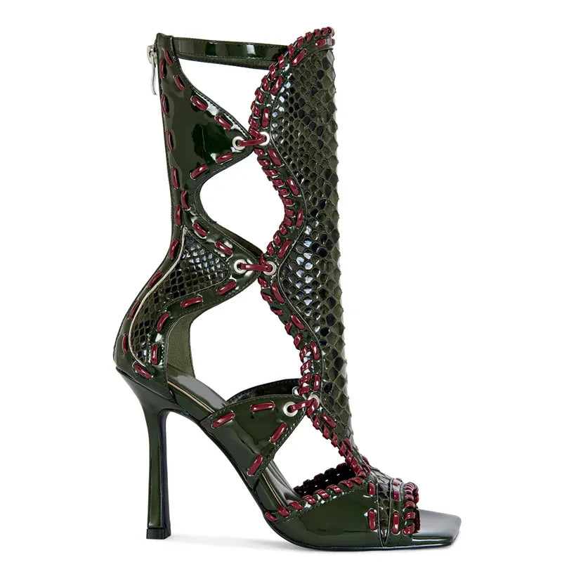 Boots – Patchwork Leather Hollow Out – Square Toe – Zipper Thick Heel | KIMLUD