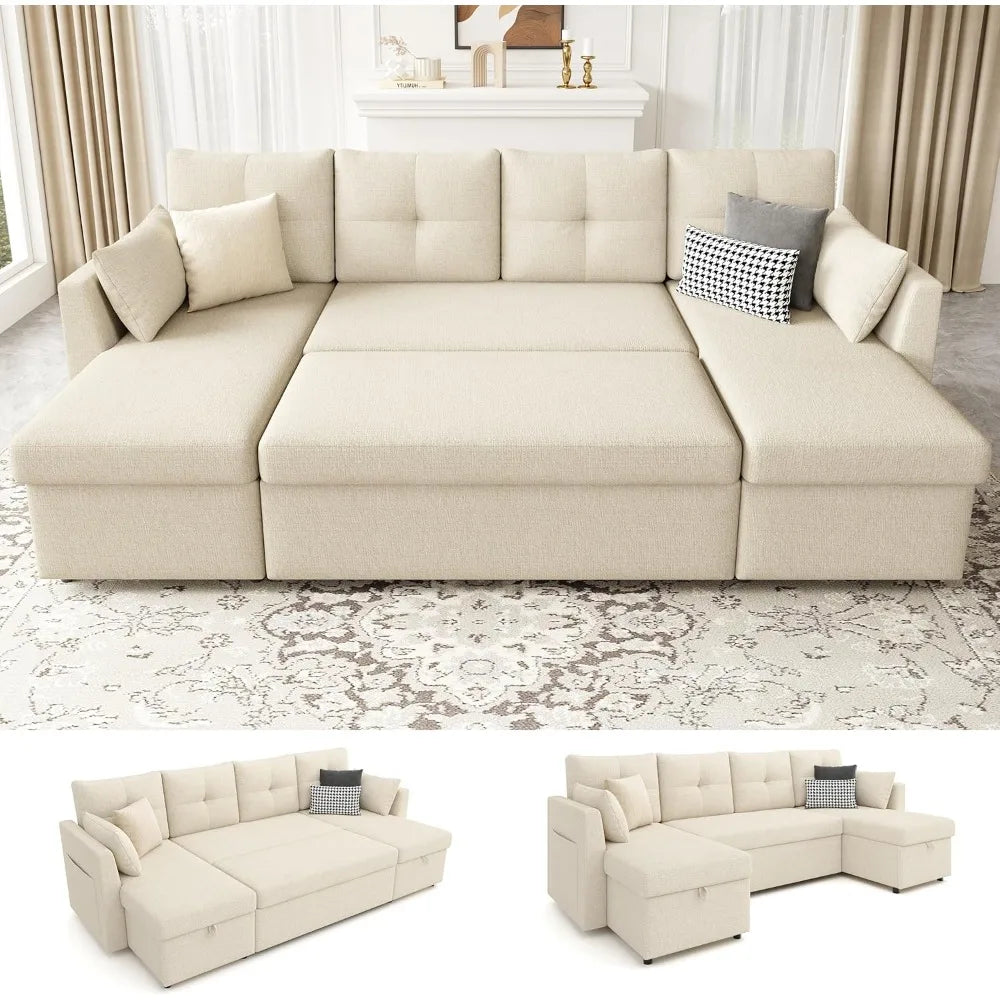 Microfiber Sleeper Sofa 2-In-1 With Storage Chaise — Beige | KIMLUD