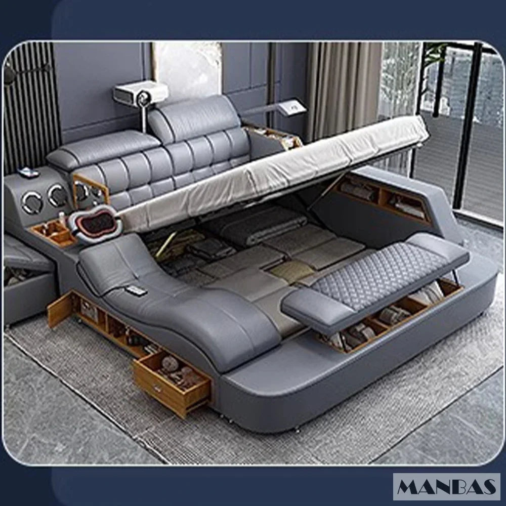 Genuine Leather King-Size Bed With USB Massage — Graphite Gray | KIMLUD