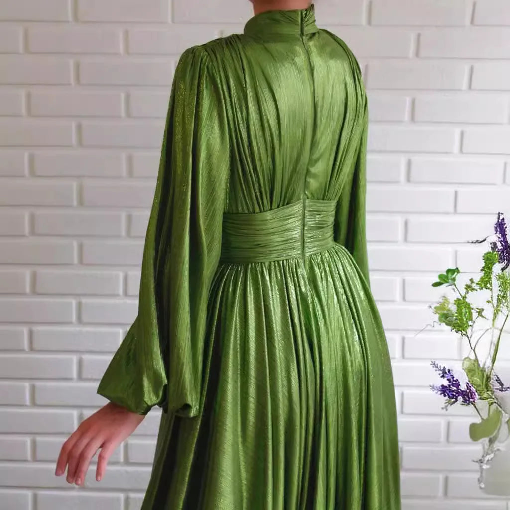 Satin-Effect Polyester Dress With Hanging-Neck — Avocado Green | KIMLUD