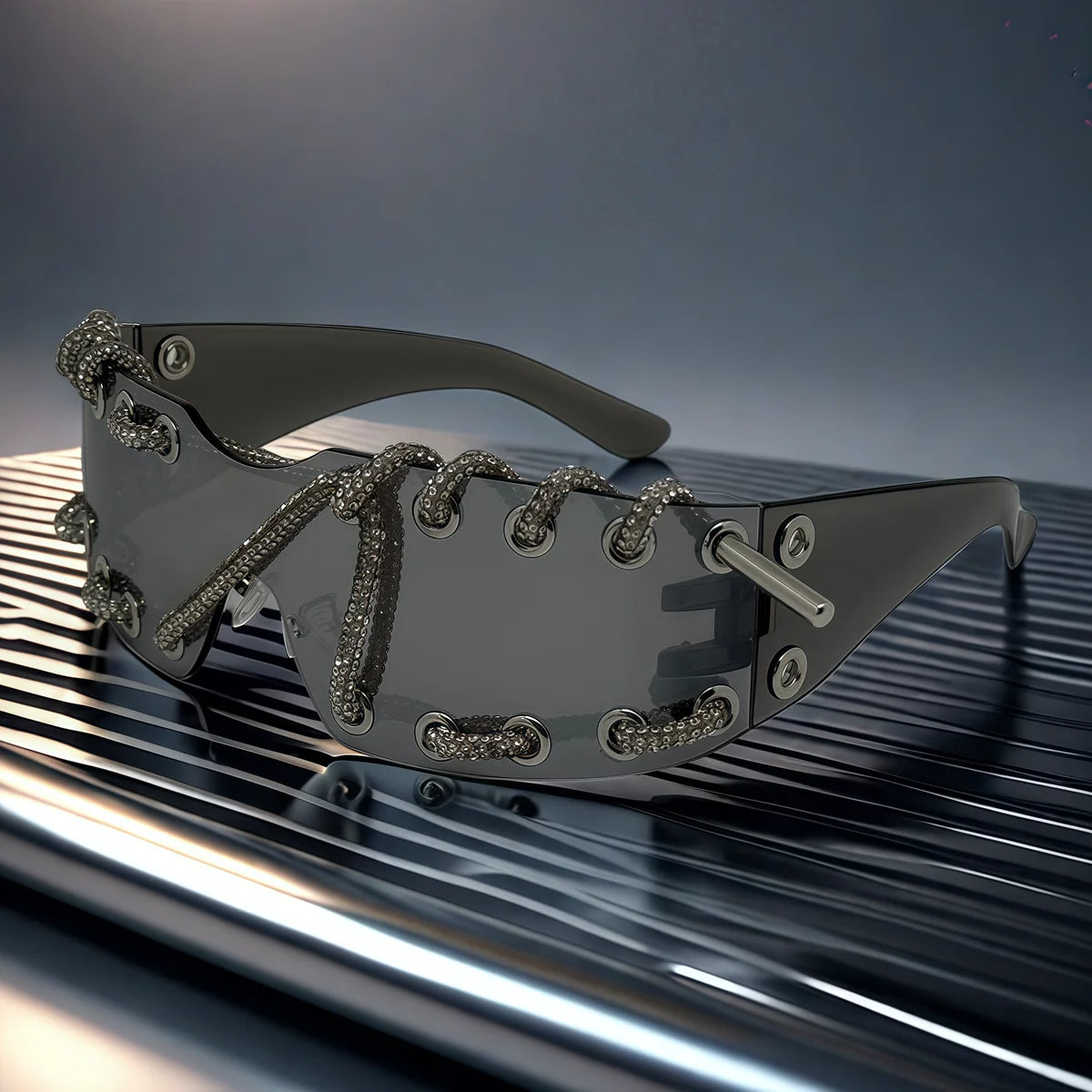 Frameless Crystal Chain Y2K Punk Sunglasses — Black | KIMLUD