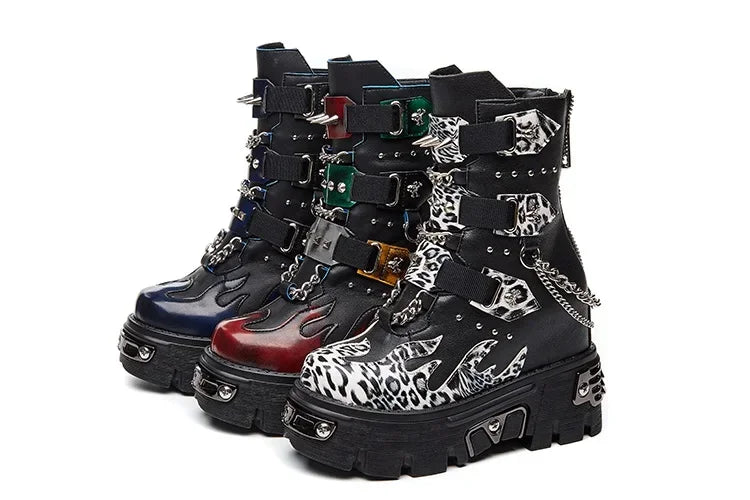 Women's Genuine Leather Motorcycle Boots Rivet Metal Chain Buckle Belt Short Punk Mid-calf Boots Winter Lady Platform Chunky