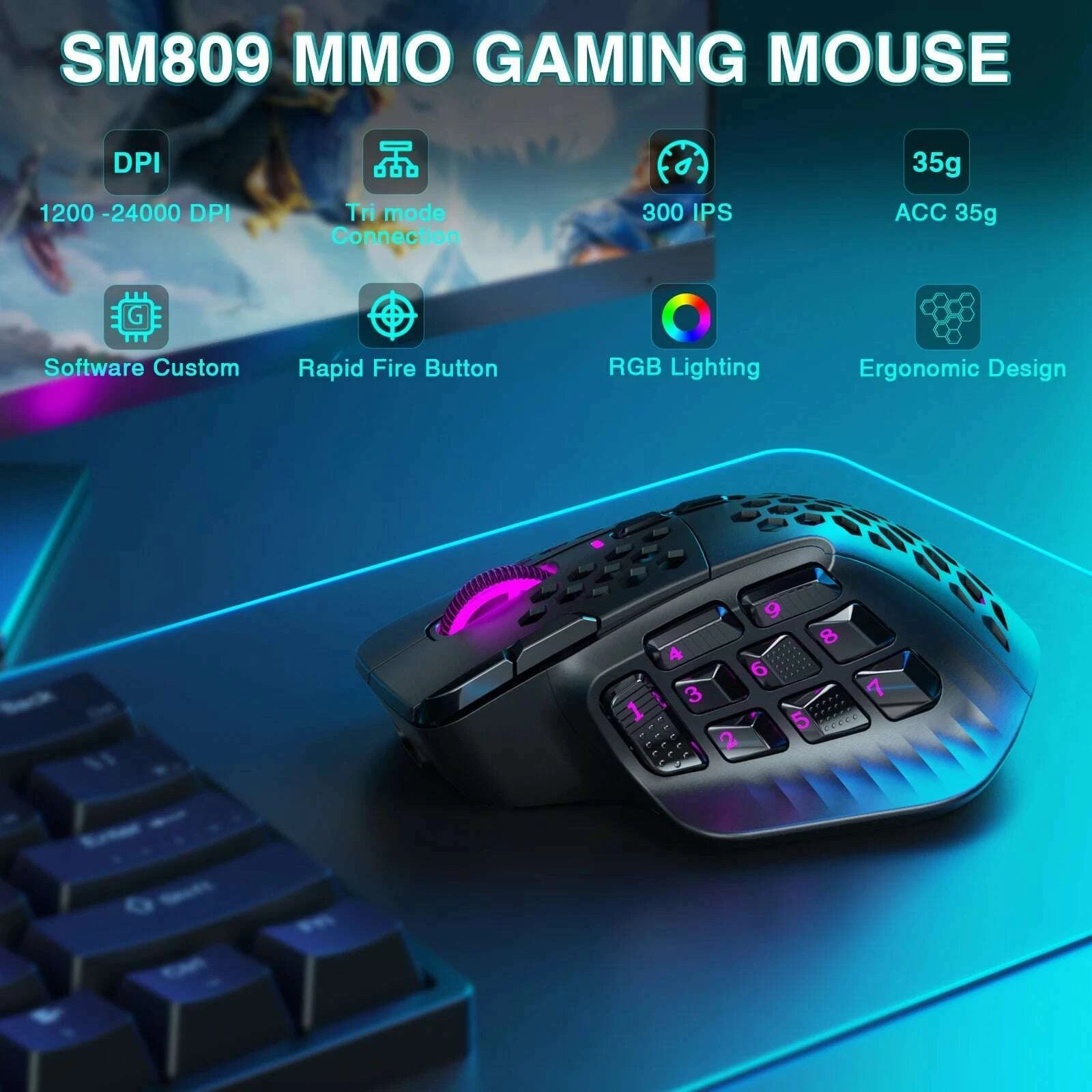 solakaka-sm809-pro-wireless-mmo-gaming-mouse-paw3311-16-side-buttons-24000-dpi-rgb-honeycomb-programmable-macro-wireless-mousekimlud-womens-fashion-34626974