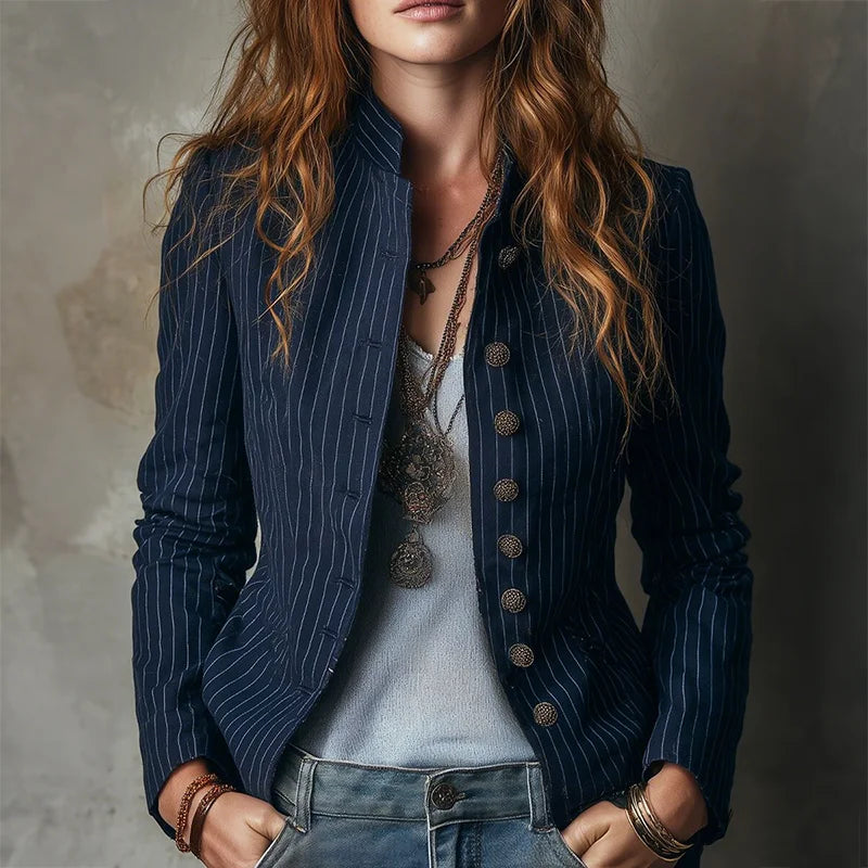 American Style Slim Fit Stripe Jacket Outerwear Lady Autumn Fashion Elegant Stand Collar Single Breasted Coat For Women Top