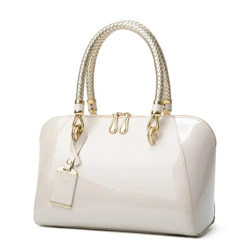 Shiny Faux Leather Boston Bag Deluxe — Ivory | KIMLUD