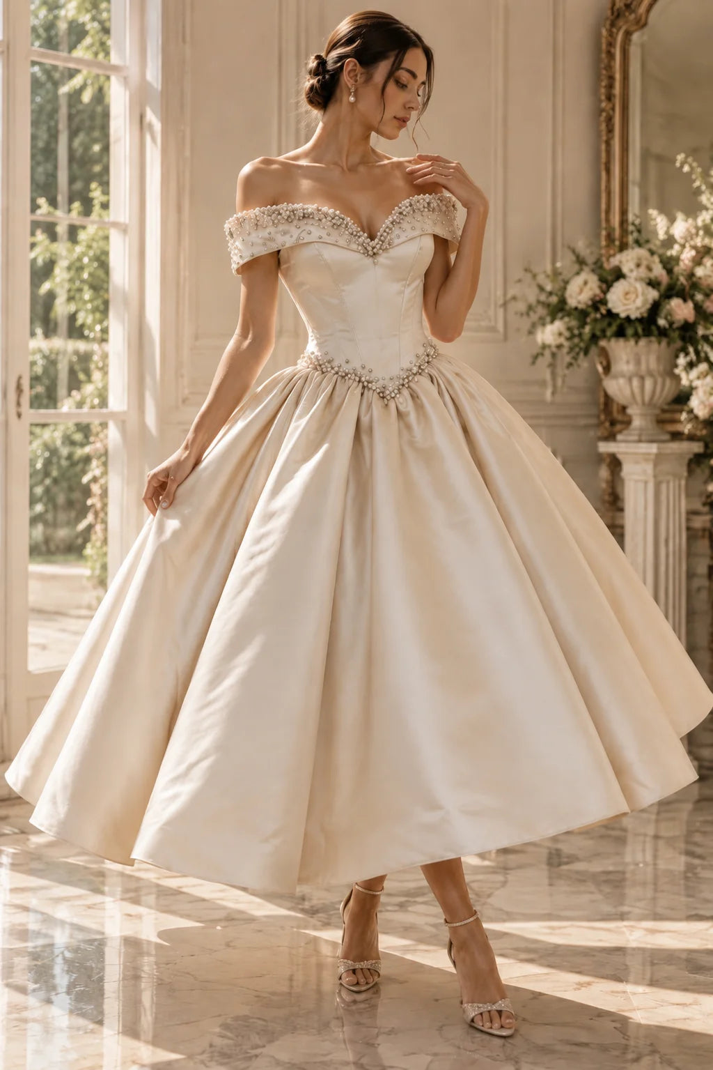 Wedding Dress – Pearl Beaded Off Shoulder Satin A-Line – Bridal | KIMLUD
