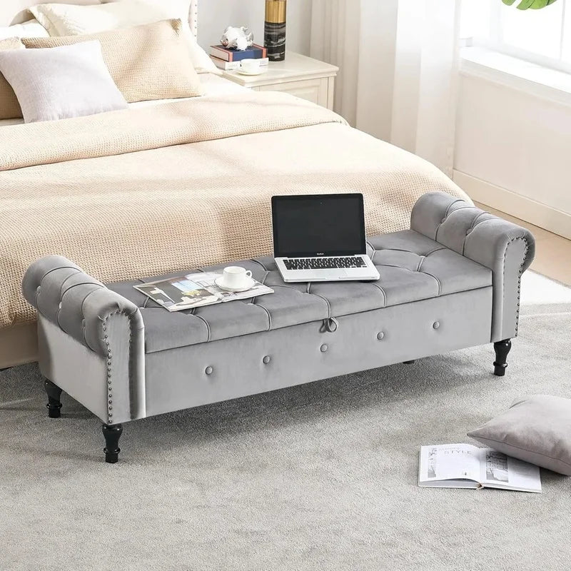 Velvet Tufted Storage Bench, 67" Bedroom End of Bed Bench, King Size with Rolled Arms, Button Ottoman Bench