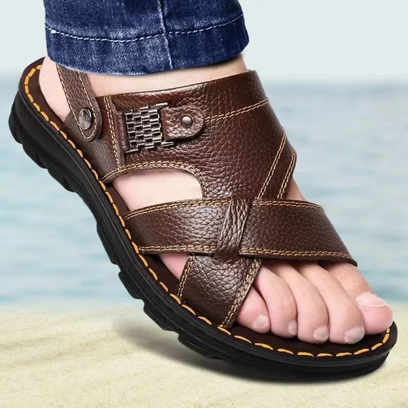 Genuine Leather Sandals Ankle-Wrap Thick-Sole Non-Slip — Cognac Brown | KIMLUD