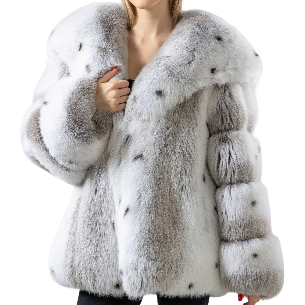 Fox Fur Coat - Big Turn-Down Collar - Fox Fur - Lynx | KIMLUD