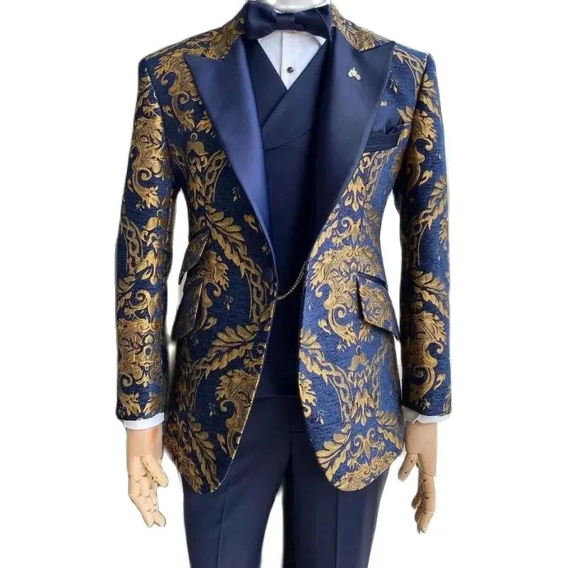 Jacquard Floral Tuxedo Suit Gold Florals — Navy Blue | KIMLUD