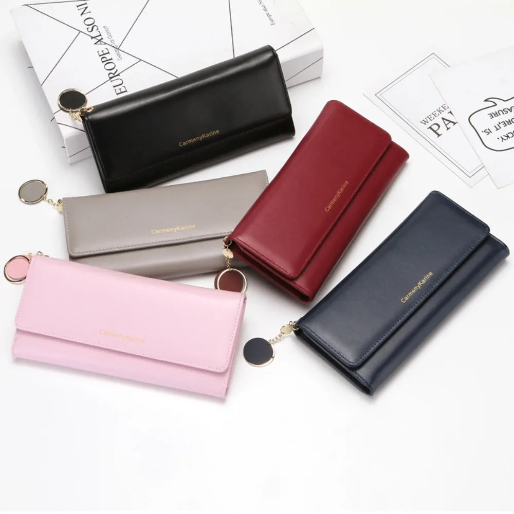 Korean Fashion Triple Folding Multi-functional Large Capacity Women's Long Wallets Clutch Solid Color Texture Simple and Elegant