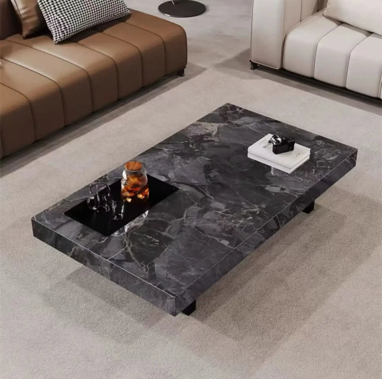 Marble-Top Side Table Minimalist Nordic With Subtle Veining — Onyx-Black | KIMLUD