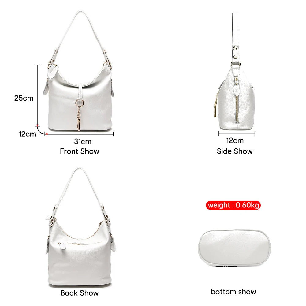 Genuine Leather Hobo Bag With Ring Accent — Red | KIMLUD