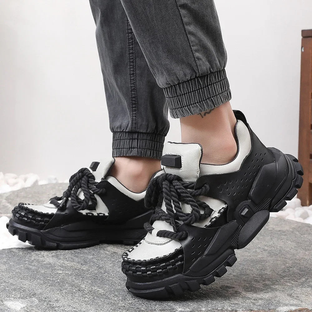 Fashion Genuine Leather Platform Ankle Motorcycle Boots Casual Chunky Walking Boots Low Cut Derby Shoes Men's Loafers Red