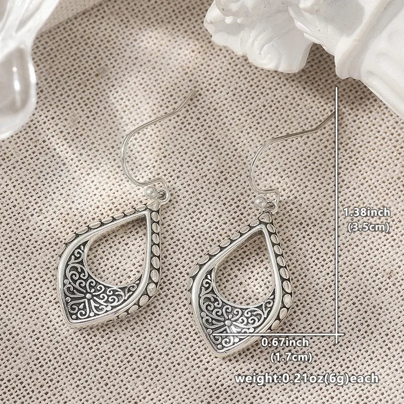Ethnic Silver Color Dangle Women's Earrings Geometry Carving Flower Party Daily Wear