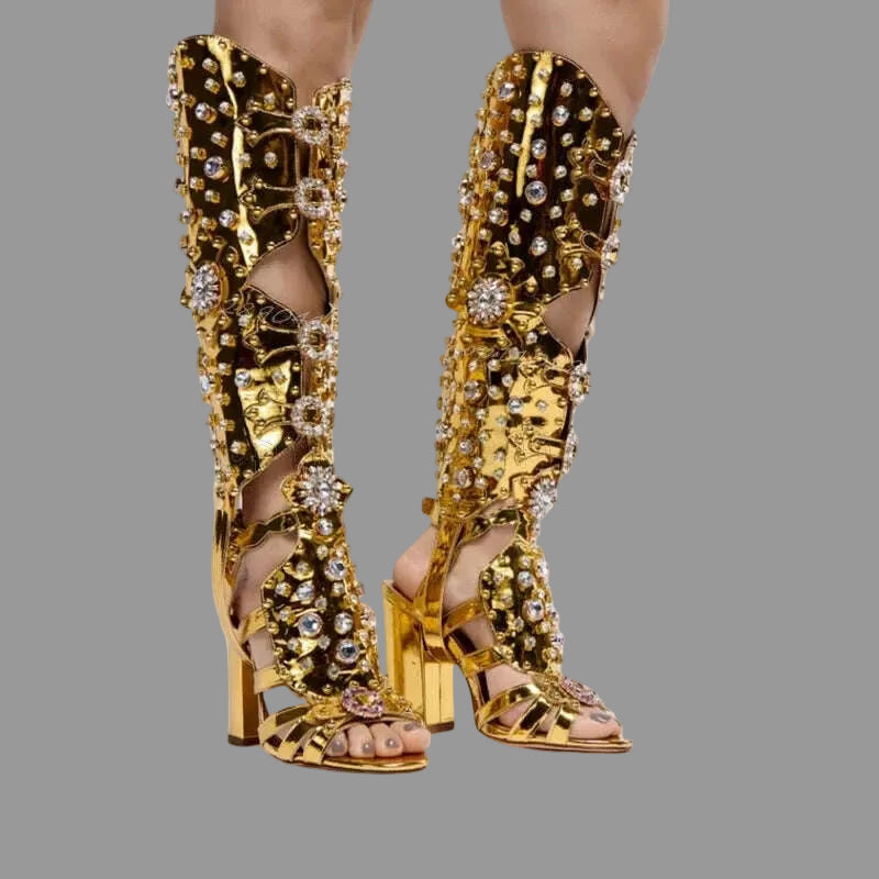 KIMLUD, Crystal Flower Decor Gold Hollow Design Sandals Boots Knee High Women Shoes Chunky High Heels Fashion 2024 Zapatos Para Mujere, KIMLUD Womens Clothes