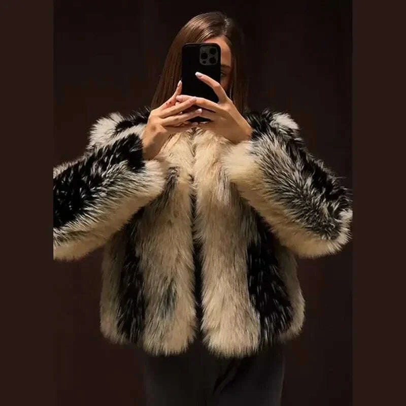 KIMLUD, Stylish Contrast Faux Fur Women Coat Elegant O-neck Single Breasted Full Sleeve Female Coats 2025 Winter Chic Lady Jacket, KIMLUD Womens Clothes