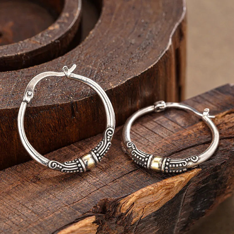 925 Sterling Silver Punk Vintage Two Tone Hoop Earrings for Women Bohemia Style Female Circle Earrings Flower Jewelry