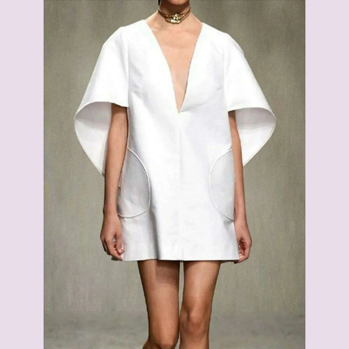 Yeezzi Fashion Black White Color Short Dress For Women 2024 New Spring Deep  V-neck Half Sleeves Loose Prom Party Mini Dresses