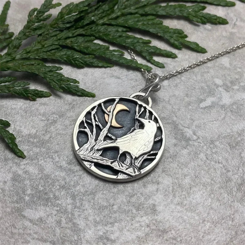 Moon Forest Branch Necklace – Crow Design – Zinc Alloy | KIMLUD