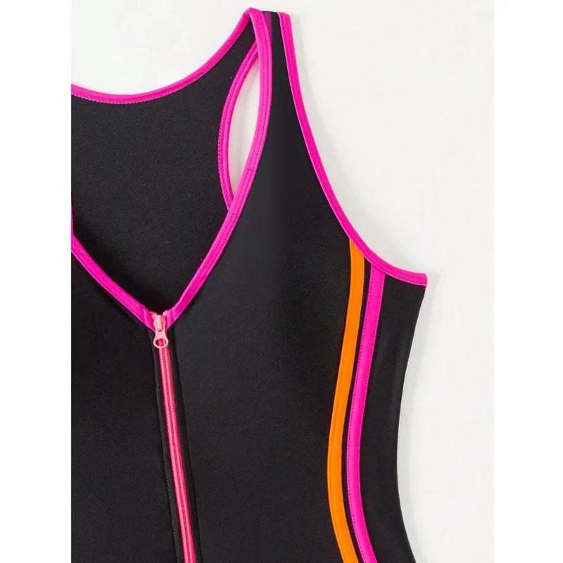 Sculpted One Piece Swimsuit With Neon Pink Zipper And Citrus Piping Details In Matte Polyamide — Black | KIMLUD