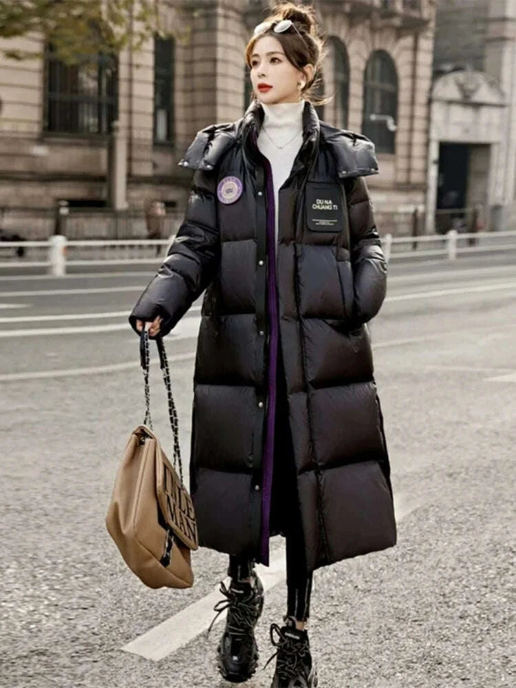 KIMLUD, New Arrivals Winter White White Duck Down Hooded Long Puffer Jacket Thickened Warm Solid Color Fashion Windproof Down Jacket, KIMLUD Womens Clothes