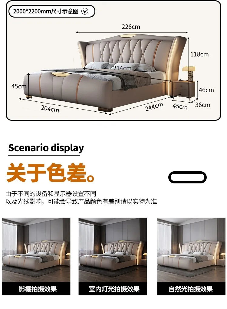 Leather Bed Frame With Lit Headboard — Ivory-Beige | KIMLUD