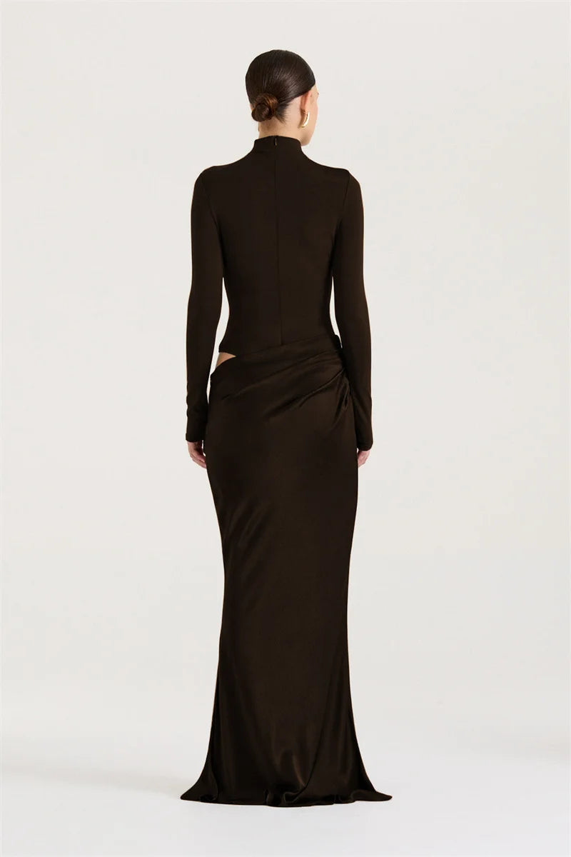 Mozision Autumn Long Sleeve Sexy Maxi Dress Women Fashion Hollow Out Turtleneck Ruched Bodycon Club Party Long Dresses Female