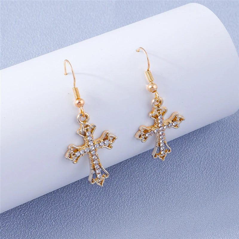 Silver-Tone Cross Earrings Zircon Crystal Dangle — Silver | KIMLUD