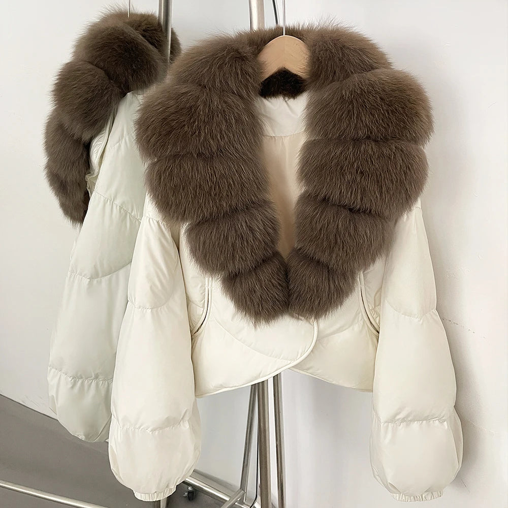 Down Coat – Real Fox Fur Trim – Duck Down – Natural | KIMLUD