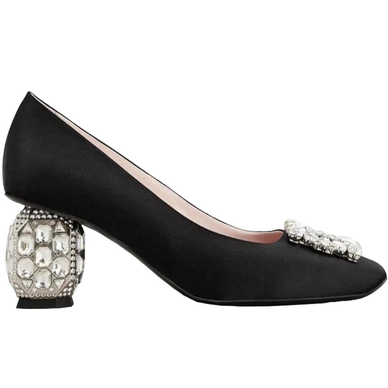 Satin Rhinestone High Heels Square Toe — Champagne | KIMLUD