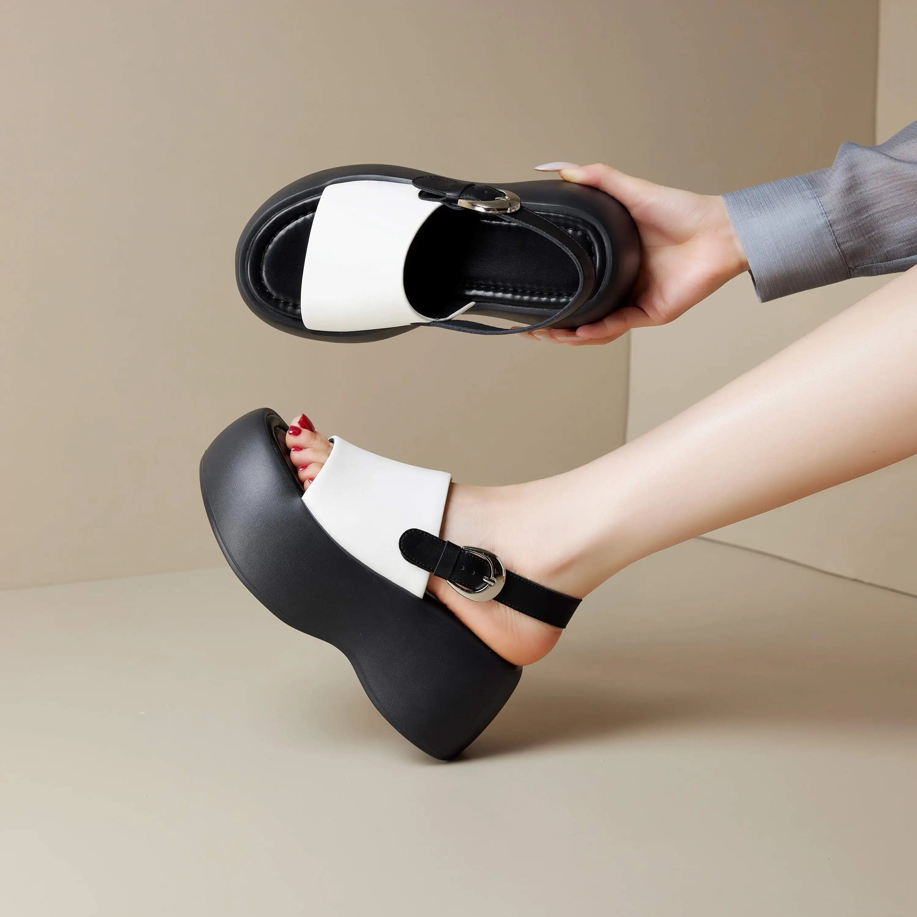 Genuine Leather Peep Toe Slingback Heels — Black | KIMLUD