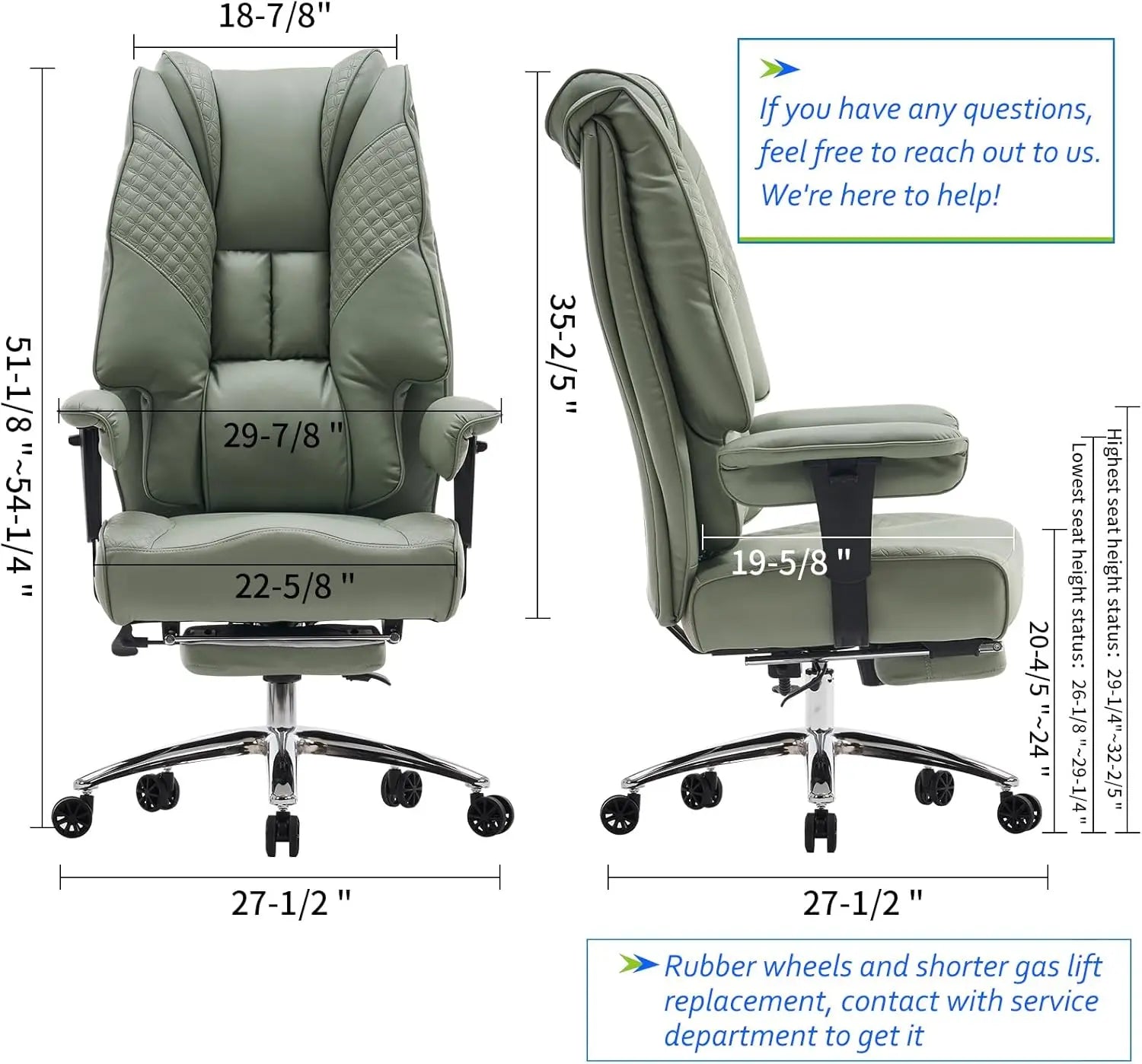 Ergonomic Executive Office Chair with Footrest, 400lbs Capacity, Lumbar Support for Back Pain Relief in Light Green