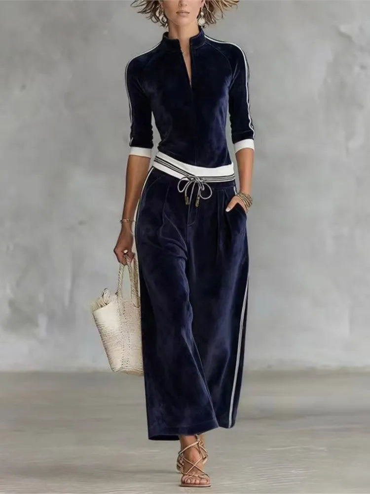 Fashion Korean Velvet Color-blocked Striped 7 Sleeved Stand-up Collar Top Sports Suit Loose Wide-leg Trousers Women's 2piece Set