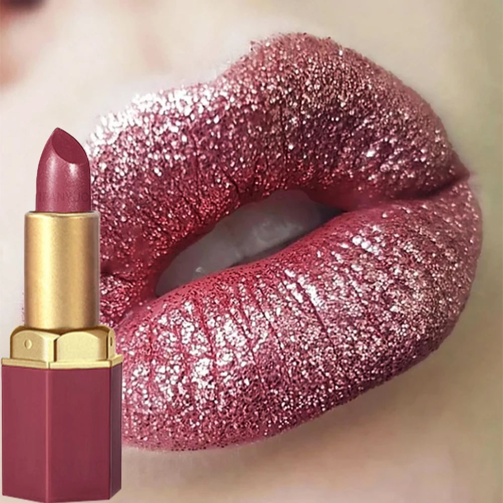 6 Colors Gold Bar Tube Lipstick Diamond Pearlescent Glitter Gold Pink Lips Stick Long-Lasting Non-Sticky High-Shine Makeup