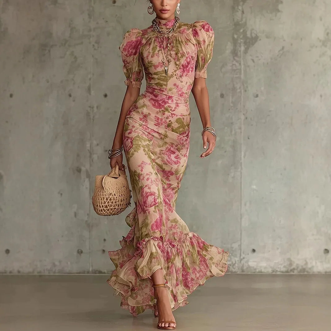 A-Line Floral Polyester Dress Maxi — Beige | KIMLUD