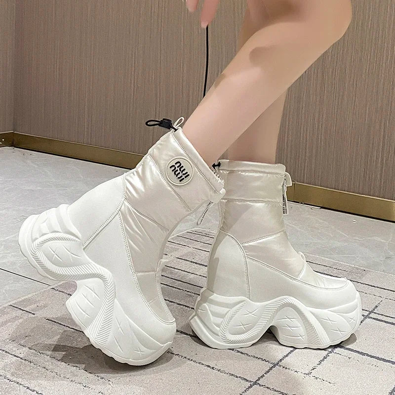 10CM Winter Women's Fur Snow Boots Keep Warm Chunky Short Boots Outdoor Plush Mid-calf Shoes Platform Anti-skid Leather Sneakers