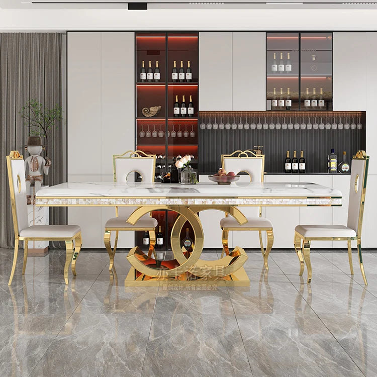 Marble Dining Table Set With Gold-Tone Frame — White | KIMLUD